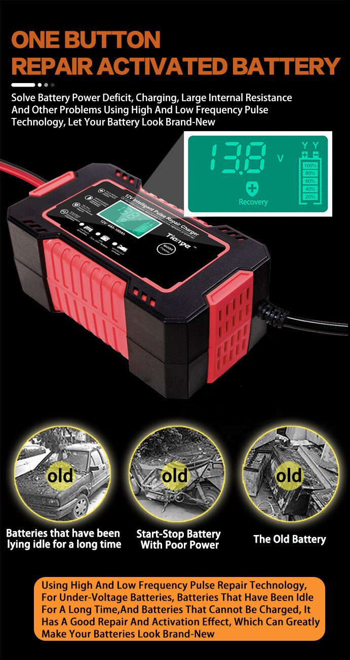 EAFC Full Automatic Car Battery Charger 12V Digital Display Battery Charger Power Puls Repair Chargers Wet Dry Lead Acid