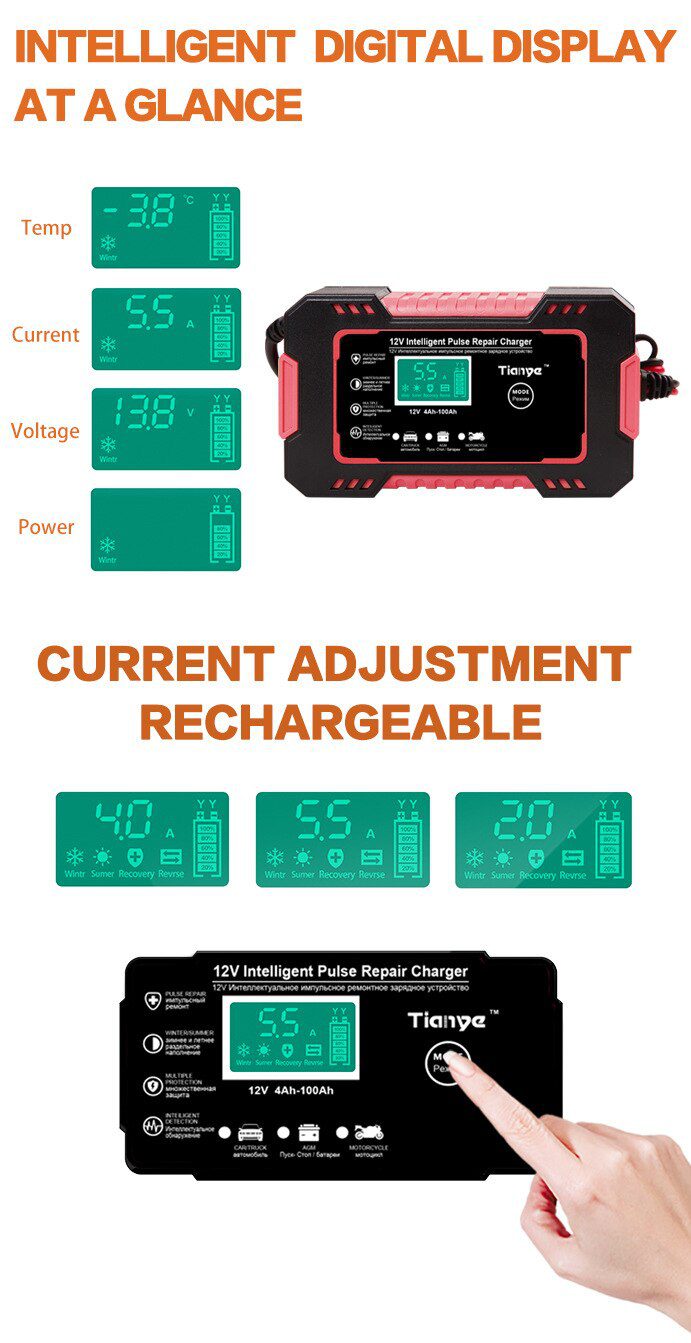 EAFC Full Automatic Car Battery Charger 12V Digital Display Battery Charger Power Puls Repair Chargers Wet Dry Lead Acid