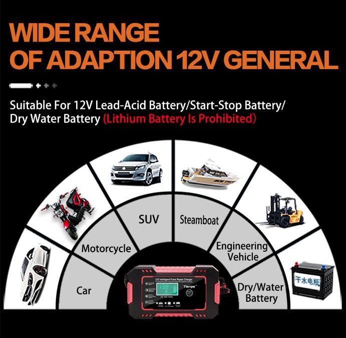 EAFC Full Automatic Car Battery Charger 12V Digital Display Battery Charger Power Puls Repair Chargers Wet Dry Lead Acid