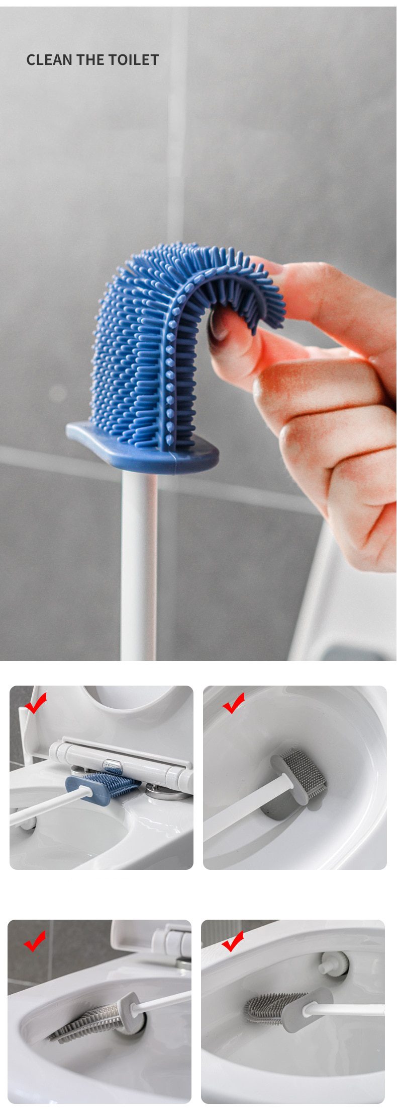 Silicone TPR Toilet Brush and Holder Toilet Bowl Brush with Holder Set Wall Hanging Toilet Brush Silicone Bristles for Floor
