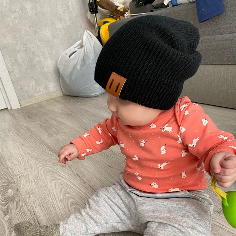 Baby Knit Hat for Boys, Girls Autumn Winter Warm Kids Beanie with Leather Label