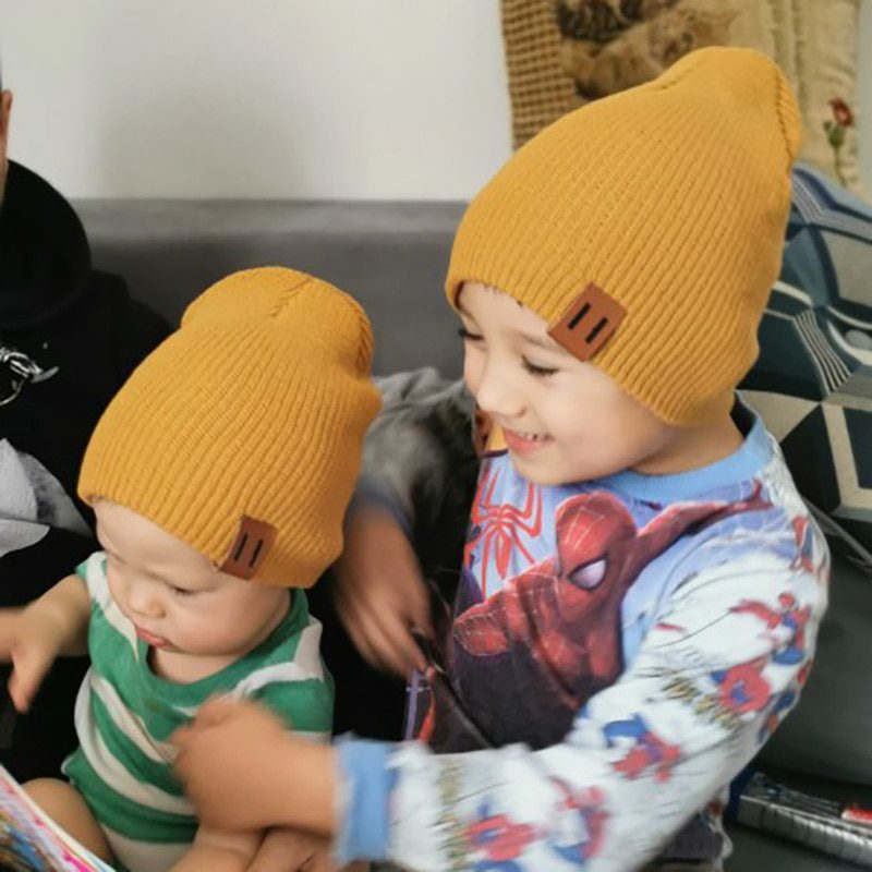 Baby Knit Hat for Boys, Girls Autumn Winter Warm Kids Beanie with Leather Label