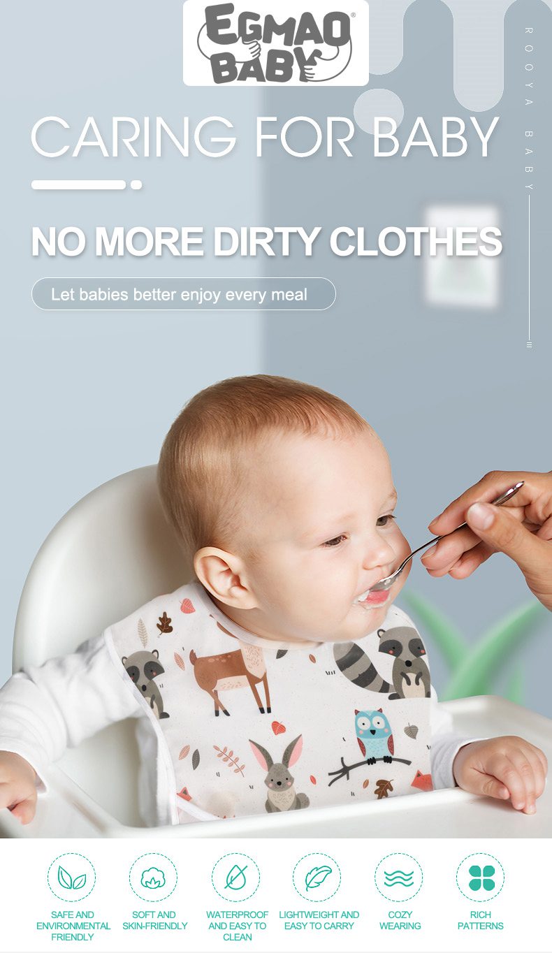 Waterproof Baby Bibs 100% Polyester TPU Coating Feeding Bibs, Washable with Food Catcher