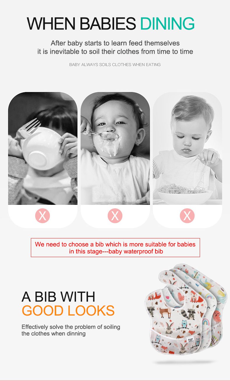 Waterproof Baby Bibs 100% Polyester TPU Coating Feeding Bibs, Washable with Food Catcher
