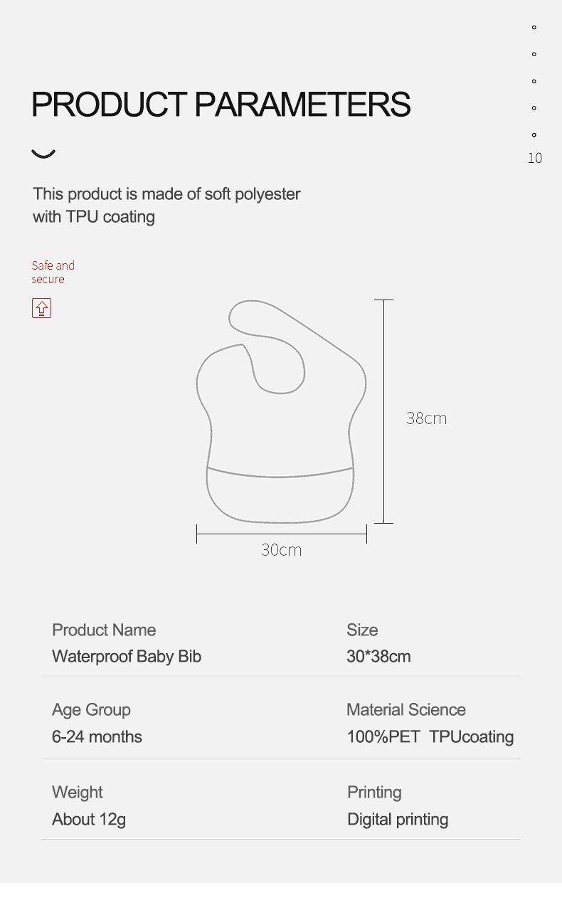 Waterproof Baby Bibs 100% Polyester TPU Coating Feeding Bibs, Washable with Food Catcher